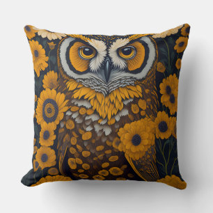 Coussin Chouette avec de grands yeux devant les fleurs #2