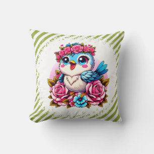 Coussin Chouette Bleue Charmante avec des Roses