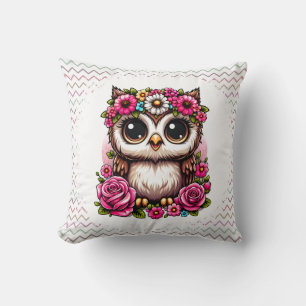 Coussin Chouette bouffée avec marguerite et couronne Rose