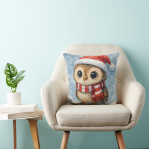 Coussin Chouette de Noël à l'aquarelle dans des flocons de