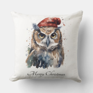 Coussin Chouette de Noël à l'aquarelle personnalisée avec