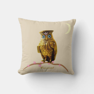 Coussin Chouette dorée et croissant de lune sur fond beige