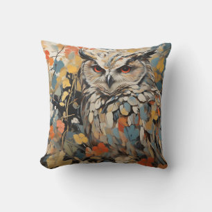 Coussin Chouette et fleurs en peinture printanière