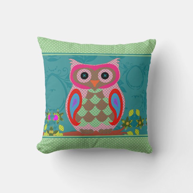 Coussin Chouette et points d'art folklorique (Recto)