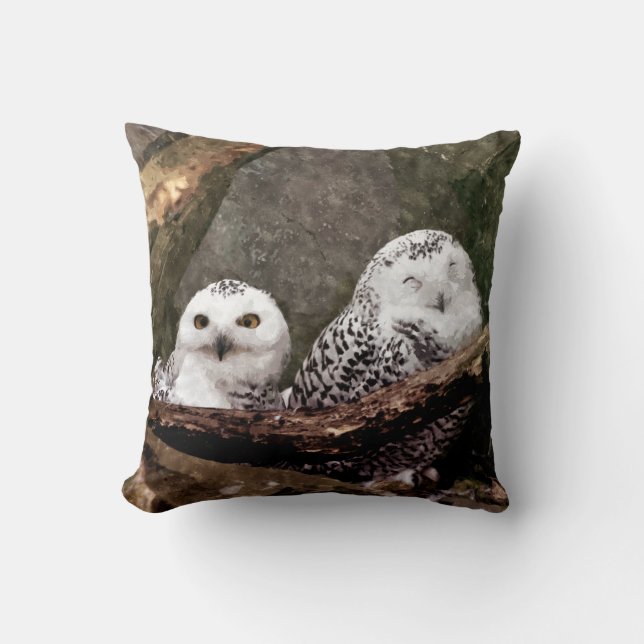 Coussin Chouette Harfang Couple Art Bois Faune (Recto)