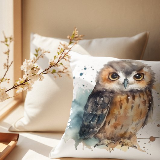 Coussin Chouette mignonne en aquarelle