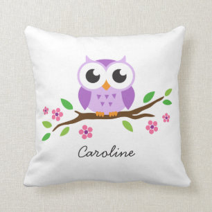 Coussin Chouette mignonne violette sur branche florale nom