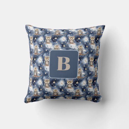 Coussin Chouette motif bleu nuit monogramme (Verso)