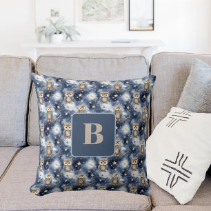 Coussin Chouette motif bleu nuit monogramme