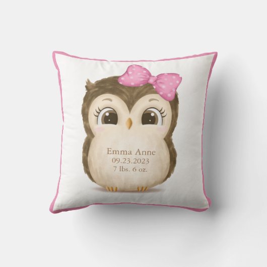 Coussin Chouette Naissance Statistiques Fille Keepsaké Aqu (Verso)