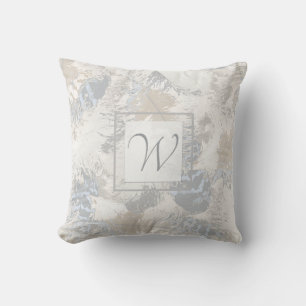 Coussin chouette Plumes, gris, beige et bleu, monogramme L