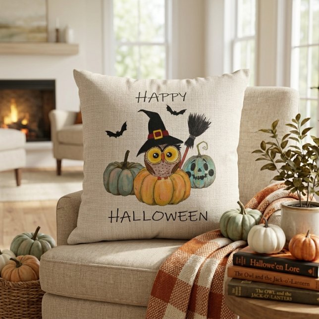 Coussin Chouette Sorcière Joyeux Halloween (Witchy Owl Happy Halloween Throw Pillow)