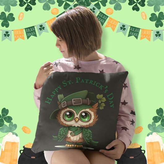 Coussin Chouette verte de la Saint-Patrick