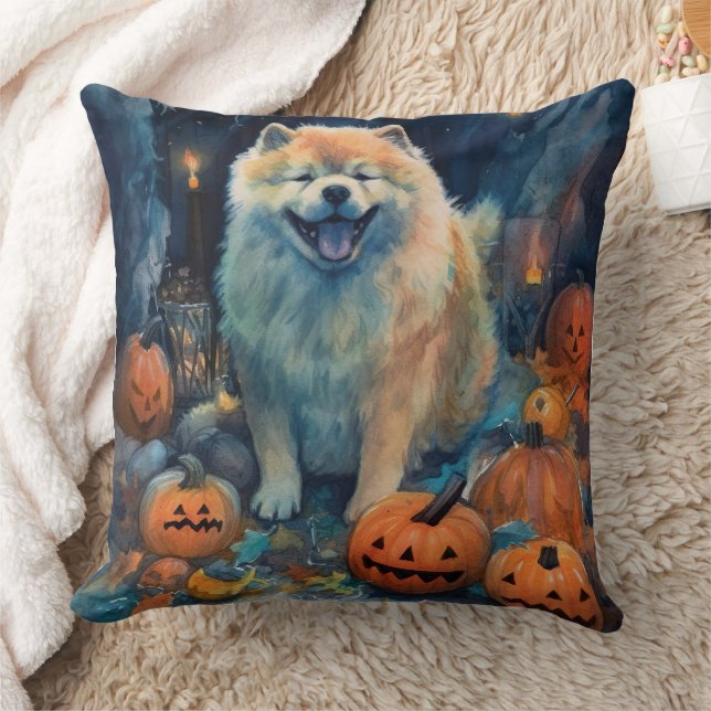 Coussin Chow Chow d'Halloween avec des citrouilles effraya (Couverture)