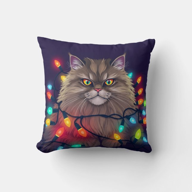 Coussin Christmas Cat Wrapped in Colorful Lights (Recto)