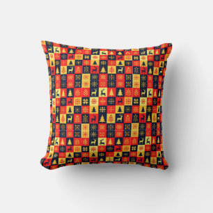 Coussin Christmas Checkerboard Pattern – Red & Yellow Tree