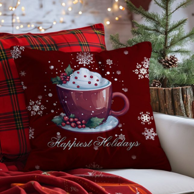 Coussin Christmas Cup of Hot Chocolate | Red (Red Christmas Cup of Hot Chocolate Throw Pillow)