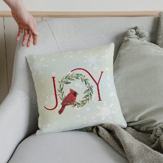 Coussin Christmas JOY Cardinal in Wreath