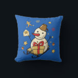 Coussin Christmas Snowman<br><div class="desc">Un mignon bonhomme de neige sur un traîneau avec un cadeau,  une petite lettre et des décorations de Noël.</div>