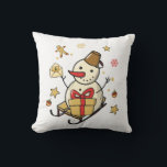 Coussin Christmas Snowman<br><div class="desc">Un mignon bonhomme de neige sur un traîneau avec un cadeau,  une petite lettre et des décorations de Noël.</div>