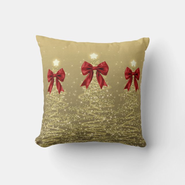 Coussin Christmas Sparkling Trees Gold Faux Red Bow (Recto)