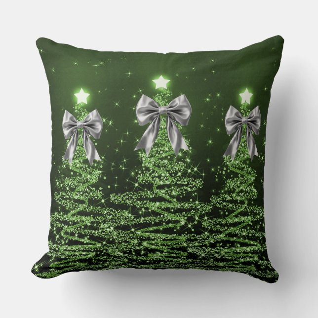 Coussin Christmas Sparkling Trees Green Faux Silver Bow  (Recto)