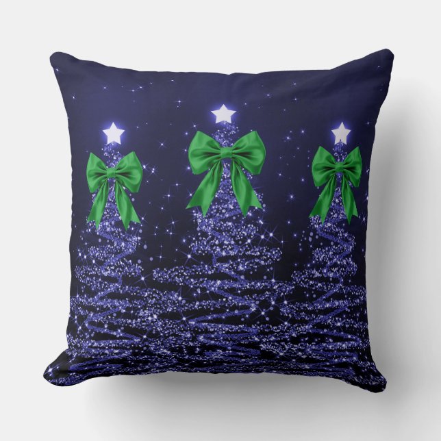Coussin Christmas Sparkling Trees Navy Faux Green Bow  (Recto)