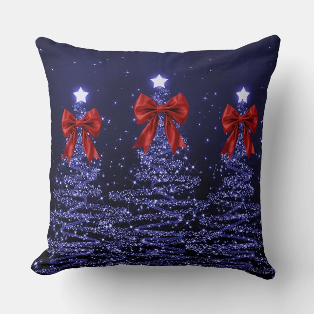 Coussin Christmas Sparkling Trees Navy Faux Red Bow  (Recto)