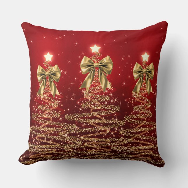 Coussin Christmas Sparkling Trees Red Gold Faux Bow  (Recto)