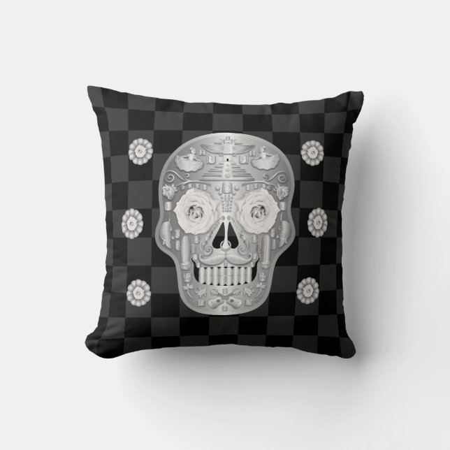 Coussin Chrome Calavera (Rose Blanche) Jeter l'oreiller (Recto)