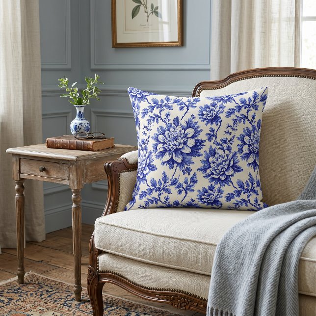 Coussin Chrysanthème bleu et blanc Décor de campagne franç (Créateur téléchargé)