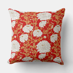 Coussin Chrysanthème Floral Japonais Rouge Blanc et Or