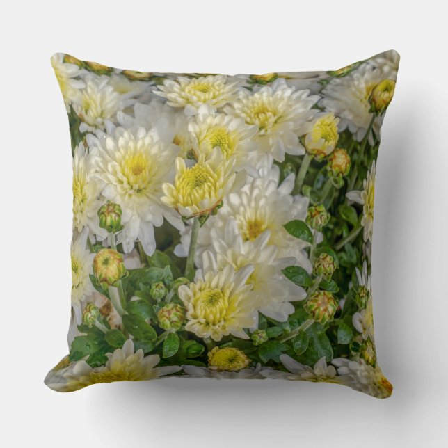 Coussin Chrysanthème Floral Jaune Vert Blanc Blanc (Recto)