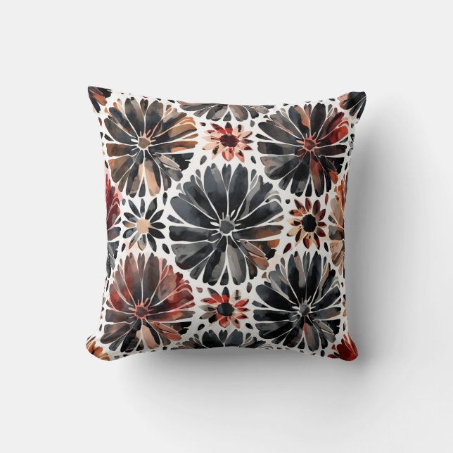 Coussin Chrysanthèmes à l'aquarelle Fleurs foncées (Recto)