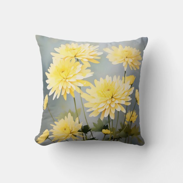 Coussin Chrysanthèmes D'Aquarelle Sur Un pré Jaune Clair (Recto)