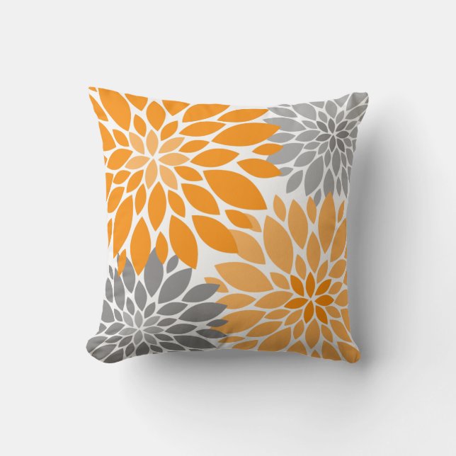 Coussin Chrysanthèmes orange et gris Motif floral (Recto)
