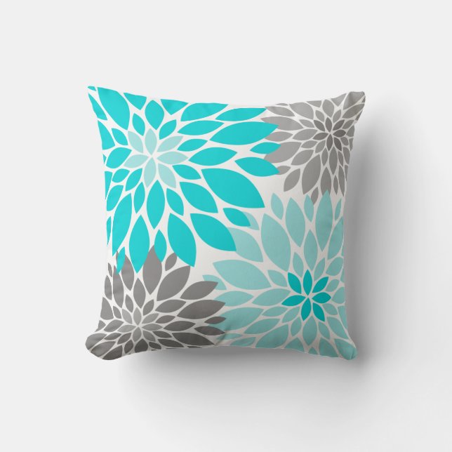 Coussin Chrysanthèmes turquoise et gris Motif floral (Recto)