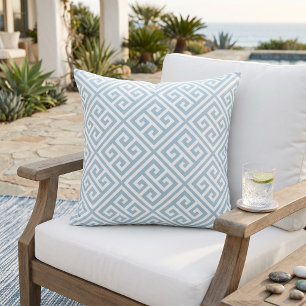 Coussin Ciel Bleu et Motif Grec à la Clé Blanc