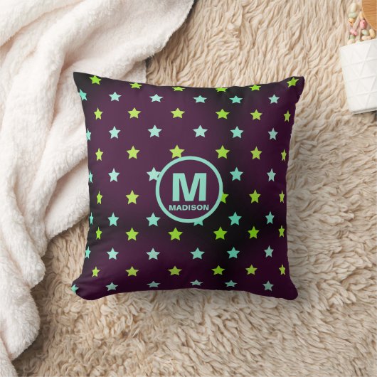 Coussin Ciel étoilé violet pourpre avec nom et monogramme (Couverture)