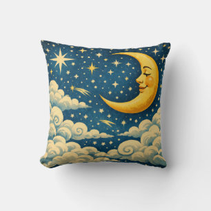 Coussin Ciel nocturne au croissant de lune vintage