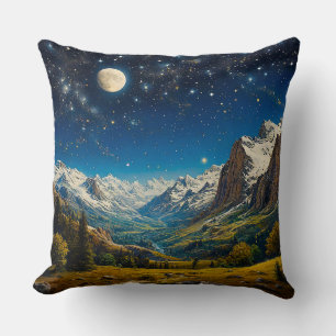 Coussin Ciel nocturne majestueux sur des montagnes enneigé