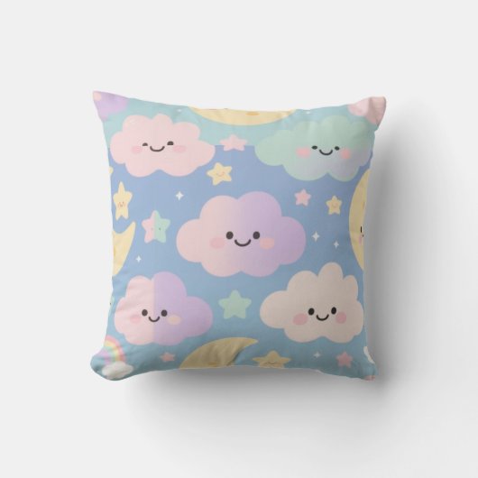Coussin Ciel Pastel de Rêve – Nuages et Lunes de Dessin An (Recto)