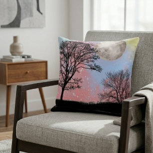 Coussin Ciel Rose Et Bleu À L'aquarelle Arbres Et Lune