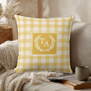 Coussin Cimier de monogramme à carreaux gingham jaune