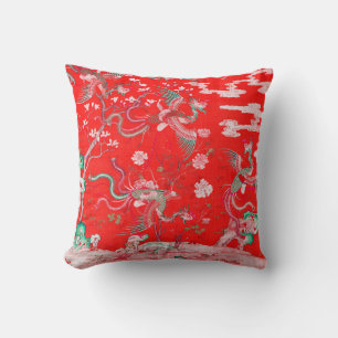 Coussin Cinq Phénix dans le jardin Fleurs rouges chinoises