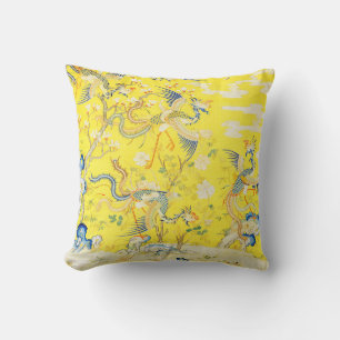 Coussin Cinq Phoenix dans Jardin chinois jaune floral