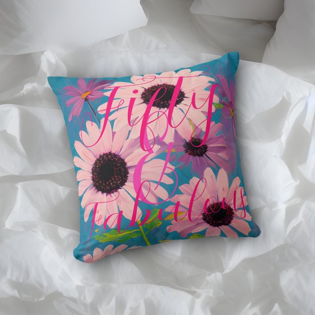 Coussin Cinquante et fabuleuse marguerite rose sur bleu Jo (Créateur téléchargé)