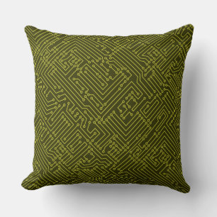 Coussin Circuitrie - Banane jaune sur l'olive foncé