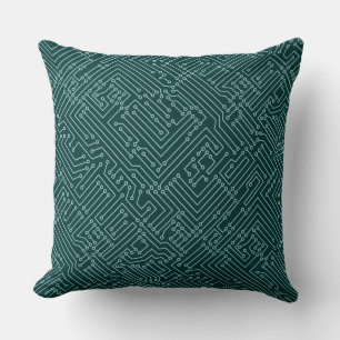 Coussin Circuitry - Bleu clair vert sur vert mousse foncé