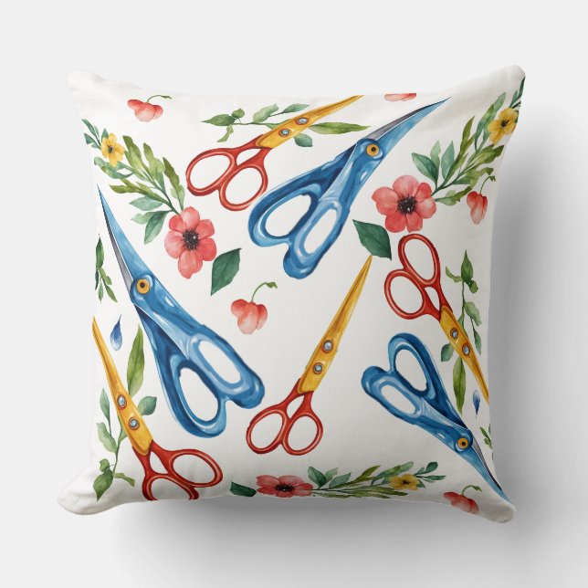 Coussin Ciseaux à l'aquarelle & Motif sans fin de fleurs s (Recto)